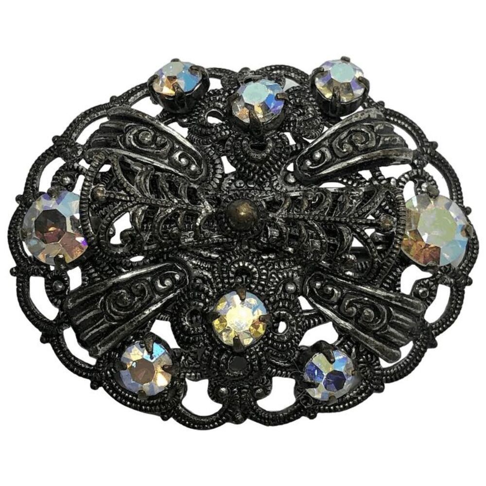 Stunning Vintage Western Germany AB Crystal Filigree Oval Brooch / Pin